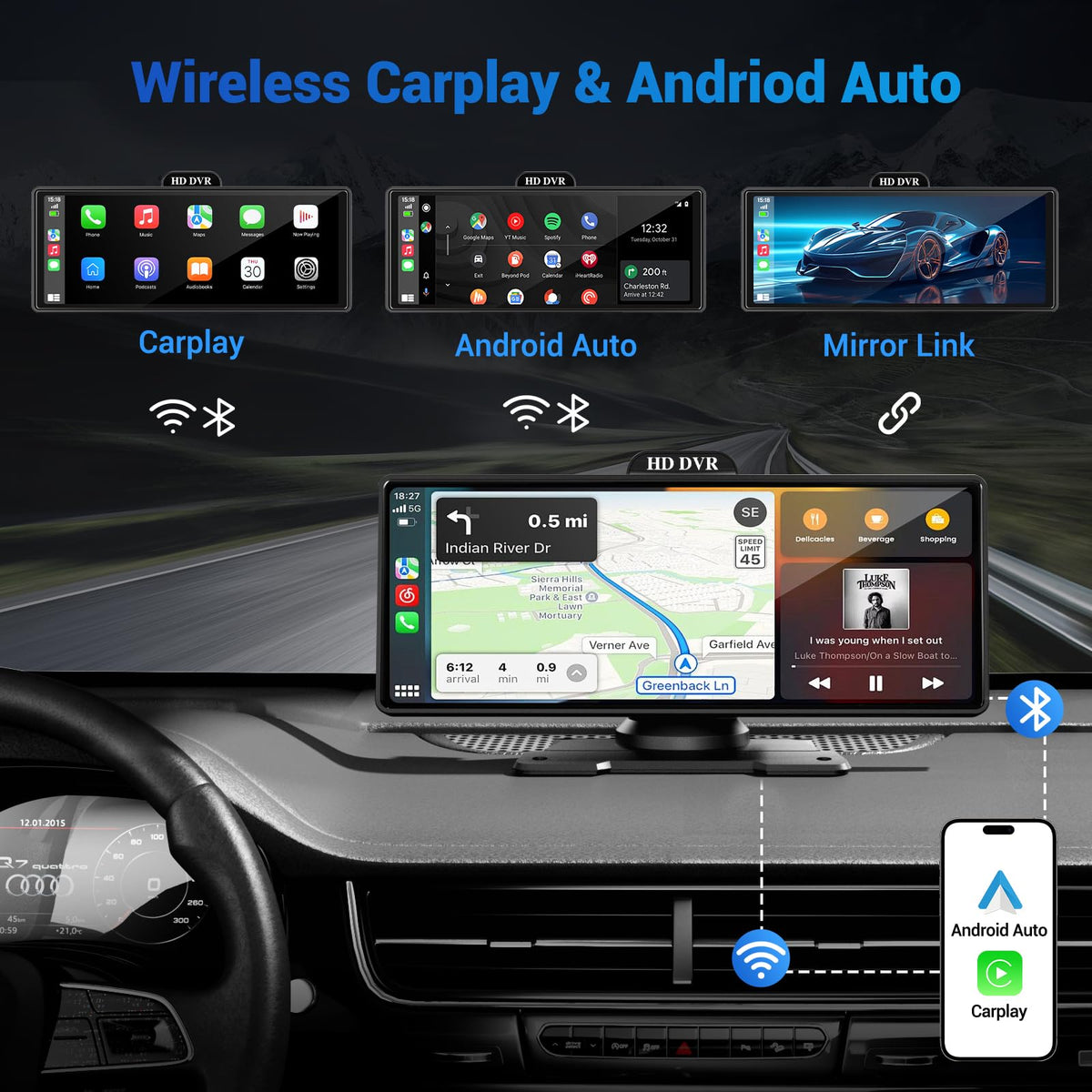 9" Wireless Apple Carplay Screen for Car with OTA Update, Backup Camera