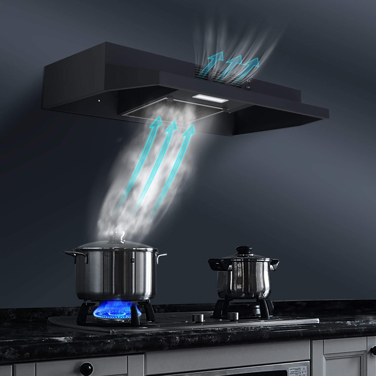 SNDOAS 30 inch Range Hood Ducted/Ductless Convertible Stainless Steel Range Hood Under Cabinet with Rocker Button Control,Vent Hood with LED Light,2 Speed Exhaust Fan,Under Cabinet Hood,Silver
