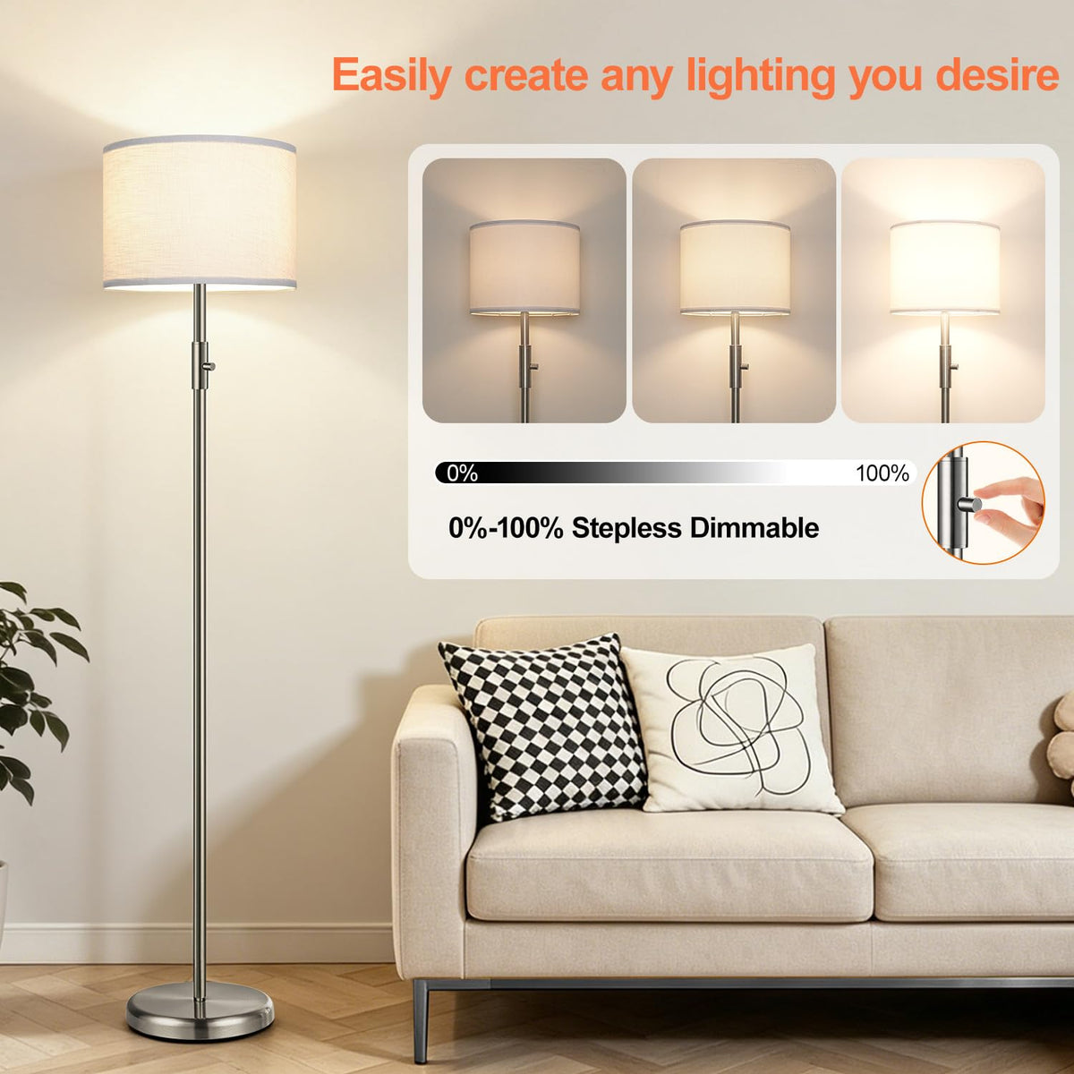【Upgraded】 Dimmable Floor Lamp for Living Room,1000 Lumens Bulb Included, Modern Floor Lamps Simple Design with Linen Shade, Tall Standing Lamp for Bedroom Office Dining Room, Black Pole Lamp