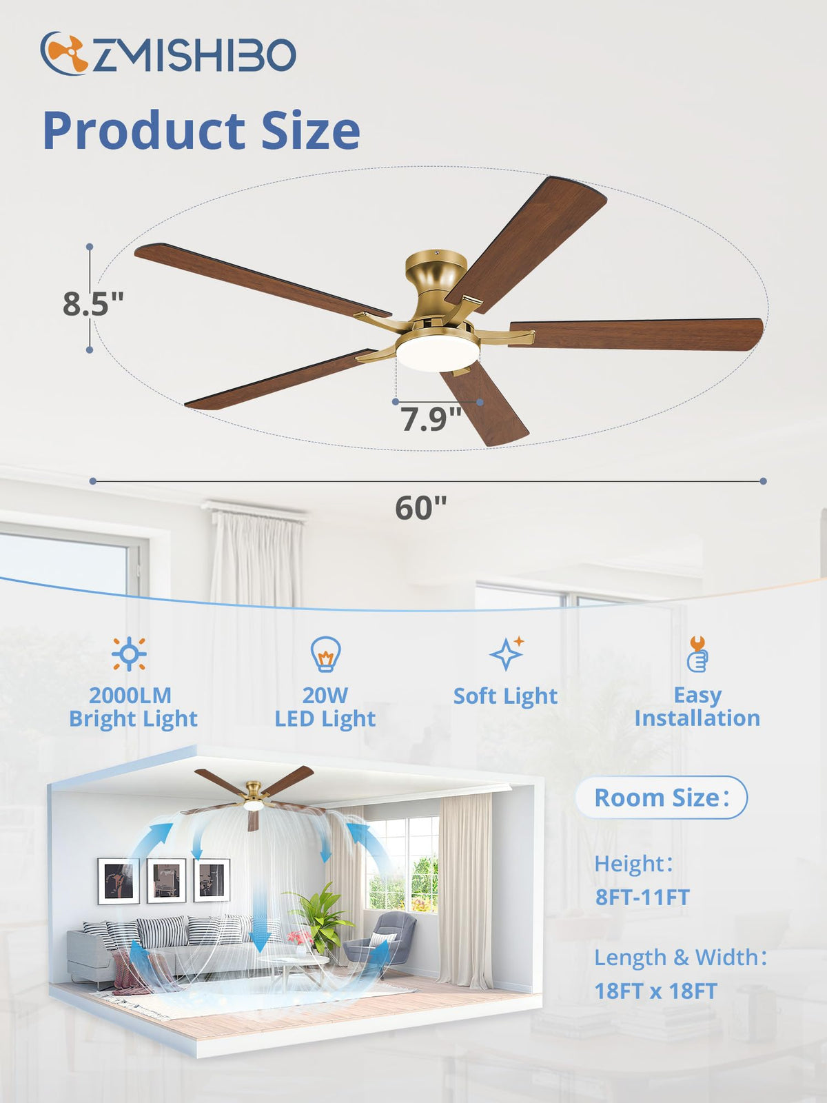 ZMISHIBO 52 Inch Ceiling Fans with Lights, Remote&App Control, Flush Mount