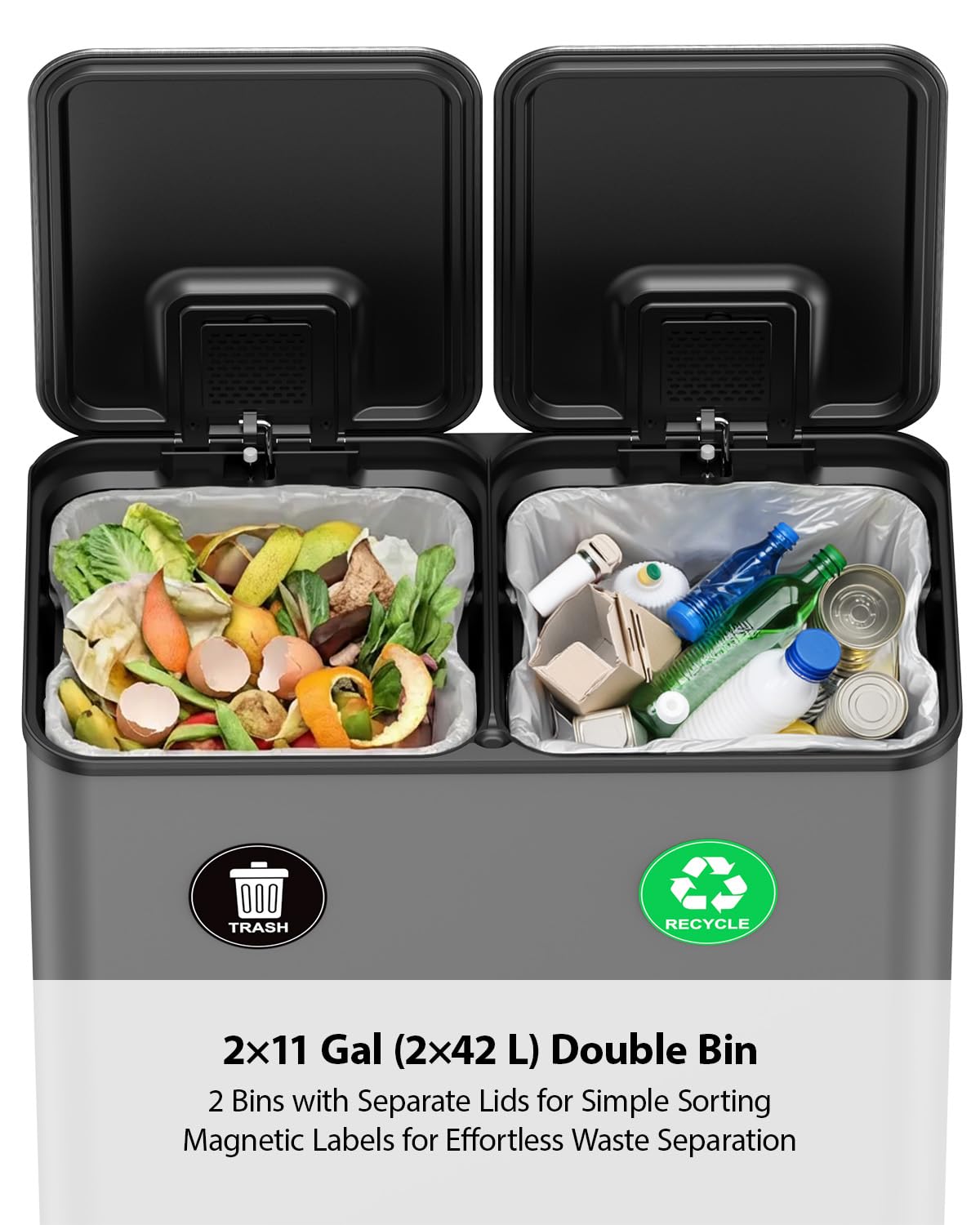 Lovewind Dual Trash and Recycling Bins for Kitchen, 2 * 11-Gallon Stainless Steel Double Trash Can, Step-On Garbage and Recycle Combo, Quiet Close, Pet-Proof, Compatible with 13-Gallon Bags, White