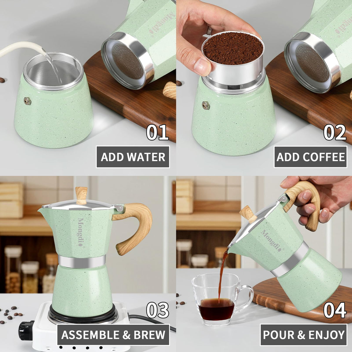 Mongdio Stovetop Espresso Maker Moka Pot, Cuban Coffee Maker Stove Top Coffee Maker Moka Italian Espresso Greca Coffee Maker Brewer Percolator, 6 Espresso Cups, 10 oz - Black
