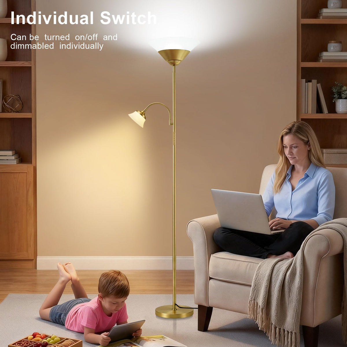 SIBRILLE 2-in-1 Torchiere Floor Lamp, 34W Super Bright LED Standing Lamp with Remote & Touch Control, 72" Dimmable Adjustable Corner Reading Lamp for Living Room, Bedroom, Office, Black