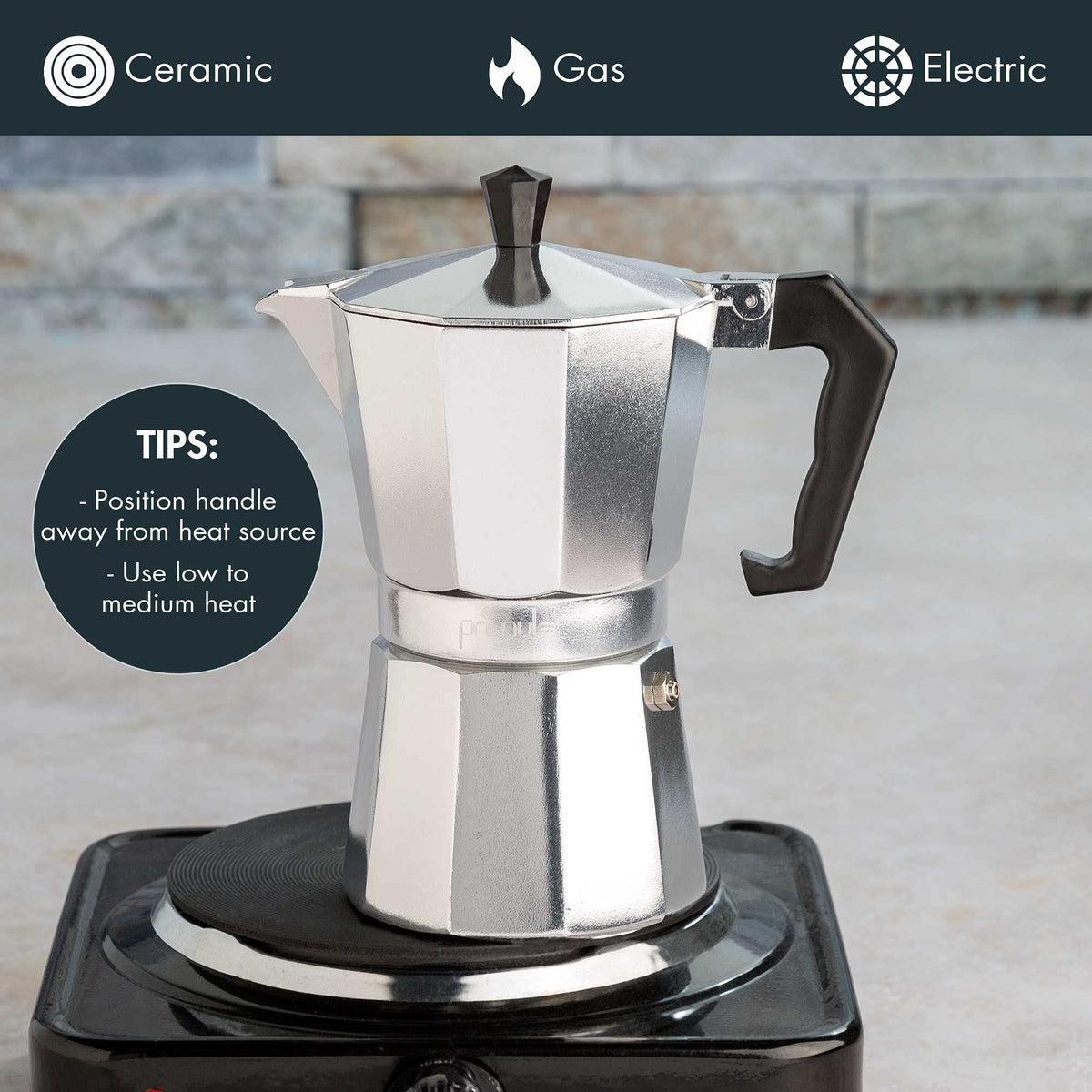 Primula Classic Stovetop Espresso and Coffee Maker, Moka Pot for Italian and Cuban Café Brewing, Greca Coffee Maker, Cafeteras, 9 Espresso Cups, Silver