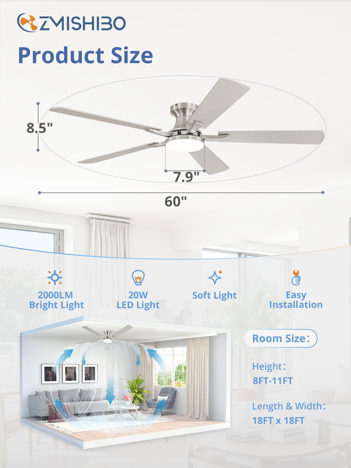 ZMISHIBO 52 Inch Ceiling Fans with Lights, Remote&App Control, Flush Mount