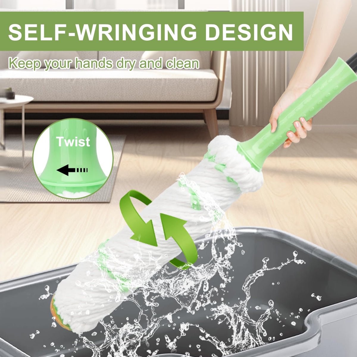 Self-Wringing Twist Mops for Floor Cleaning, Microfiber Floor mop with 57 " Long Handle, Easy Wringing Mop for Hardwood Commercial Household Clean