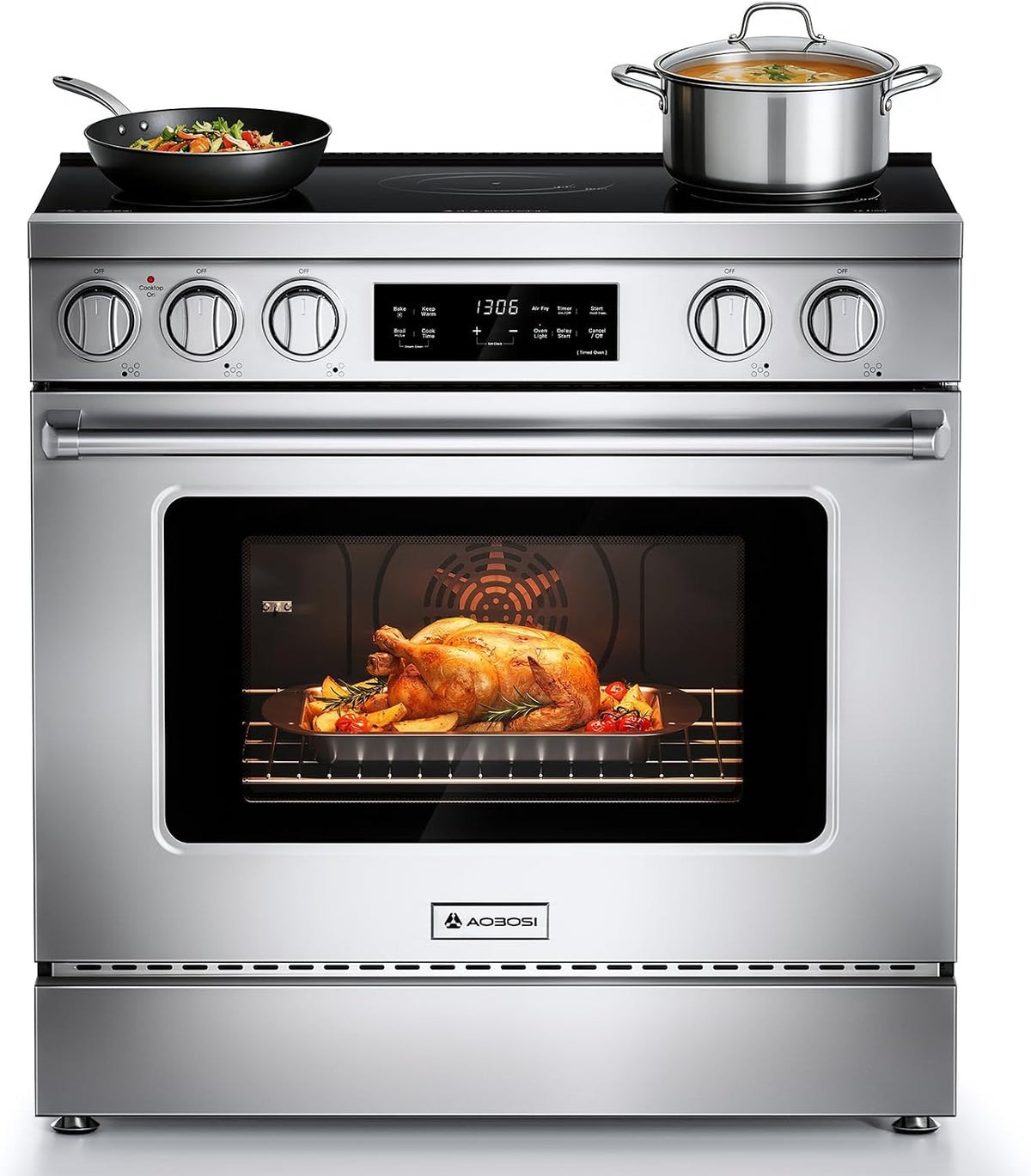 AAOBOSI 36 Inch 6 Cu.Ft Front Control Electric Range Oven with 5 Cooktop Elements,9 Cooking Power Level 9300W, Smrt Control Air Fryer Convection Self Clean Freestanding Oven,240V(No Powercord)