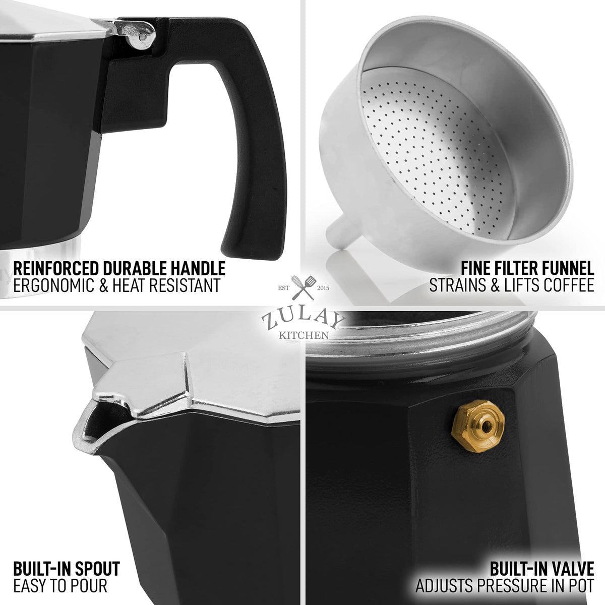 Zulay Moka Pot Espresso Stovetop Coffee Maker - Leak-Proof, Stainless Steel, Easy to Clean, Heat Resistant Handle & Knob - for Authentic Cuban & Italian Style Espresso - Makes 6 Espresso Cups - Red