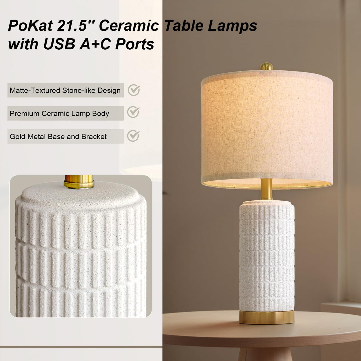 PoKat 20.75" Small Modern Ceramic Table Lamps Set of 2 for Bedroom, White