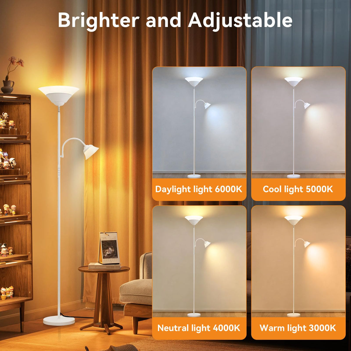 SIBRILLE 2-in-1 Torchiere Floor Lamp, 34W Super Bright LED Standing Lamp with Remote & Touch Control, 72" Dimmable Adjustable Corner Reading Lamp for Living Room, Bedroom, Office, Black