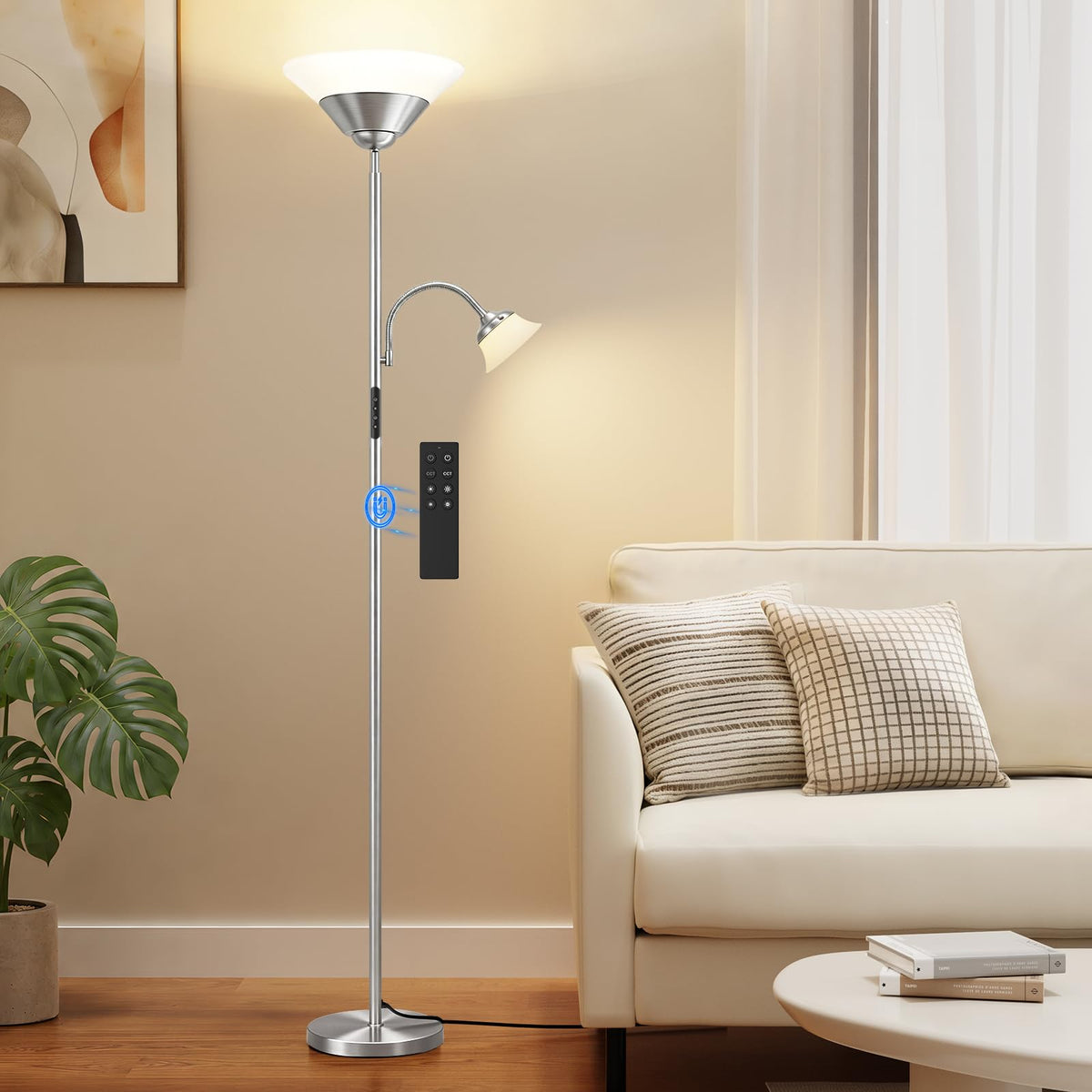 SIBRILLE 2-in-1 Torchiere Floor Lamp, 34W Super Bright LED Standing Lamp with Remote & Touch Control, 72" Dimmable Adjustable Corner Reading Lamp for Living Room, Bedroom, Office, Black