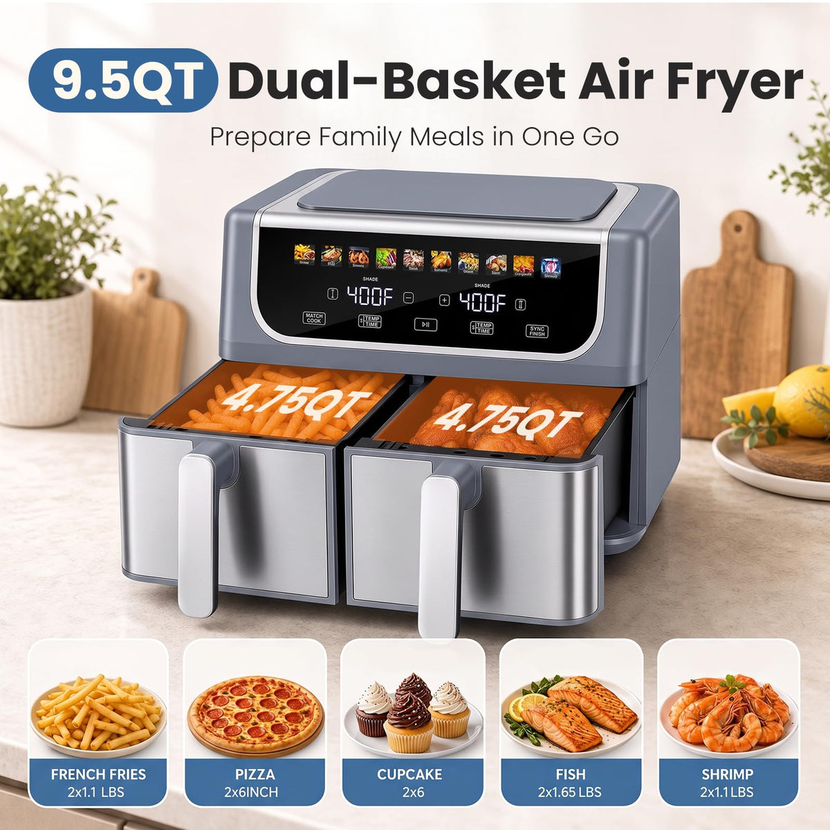 OLIXIS Dual Air Fryers with 2 Baskets 9.5 Quarts Large Airfryer 10-in-1