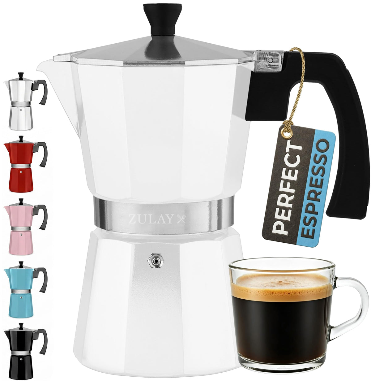 Zulay Moka Pot Espresso Stovetop Coffee Maker - Leak-Proof, Stainless Steel, Easy to Clean, Heat Resistant Handle & Knob - for Authentic Cuban & Italian Style Espresso - Makes 6 Espresso Cups - Red