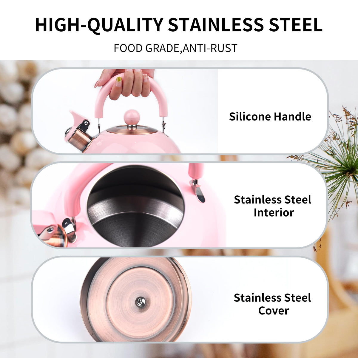 2.6 Quart Yellow Whistling Tea Kettle, Multiple Color Available, Stainless Steel Stovetop Teapot with Cool-Touch Handle, Loud Whistle, Induction Compatible for Gas, Electric & Glass Cooktops