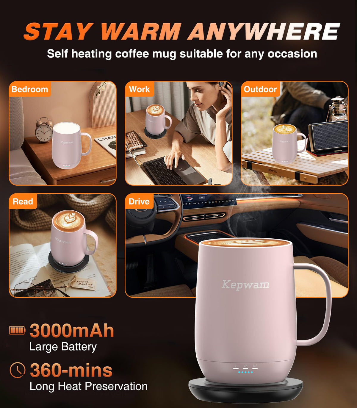 Kepwam Self-Heating Coffee Mug T2, 16oz Electric Heated Mug Hot Up to 149℉