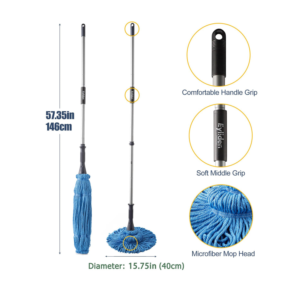 Eyliden Mop with 2 Reusable Microfiber Heads, Easy Wringing Twist Mop