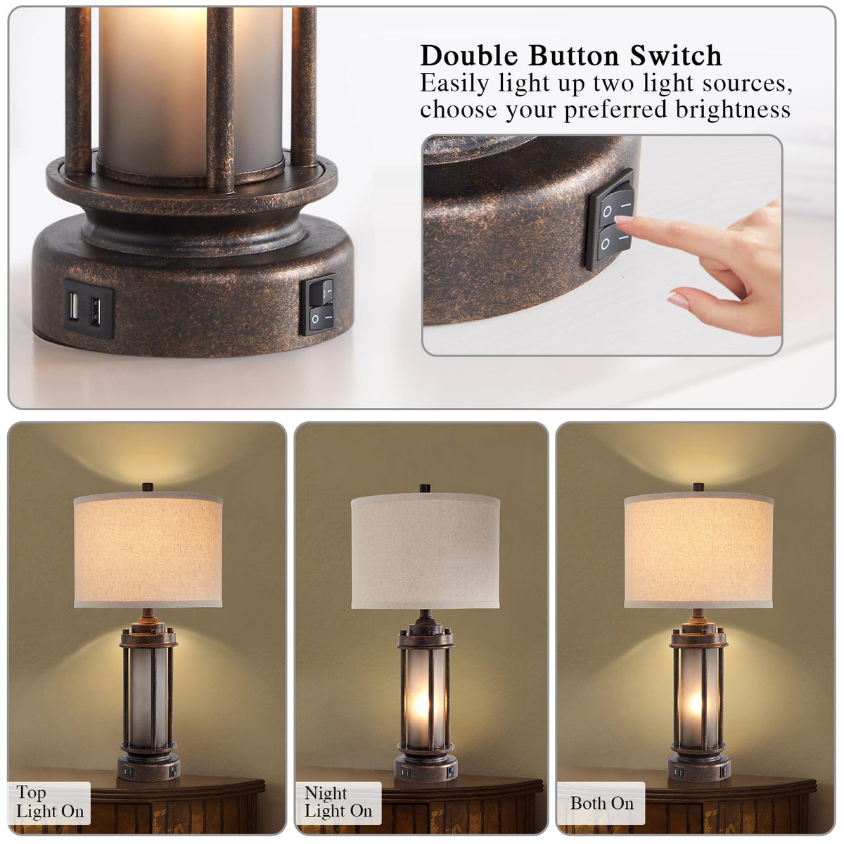 AIEAMPDO 25'' Set of 2 Farmhouse Table Lamps for Living Room with USB C+A