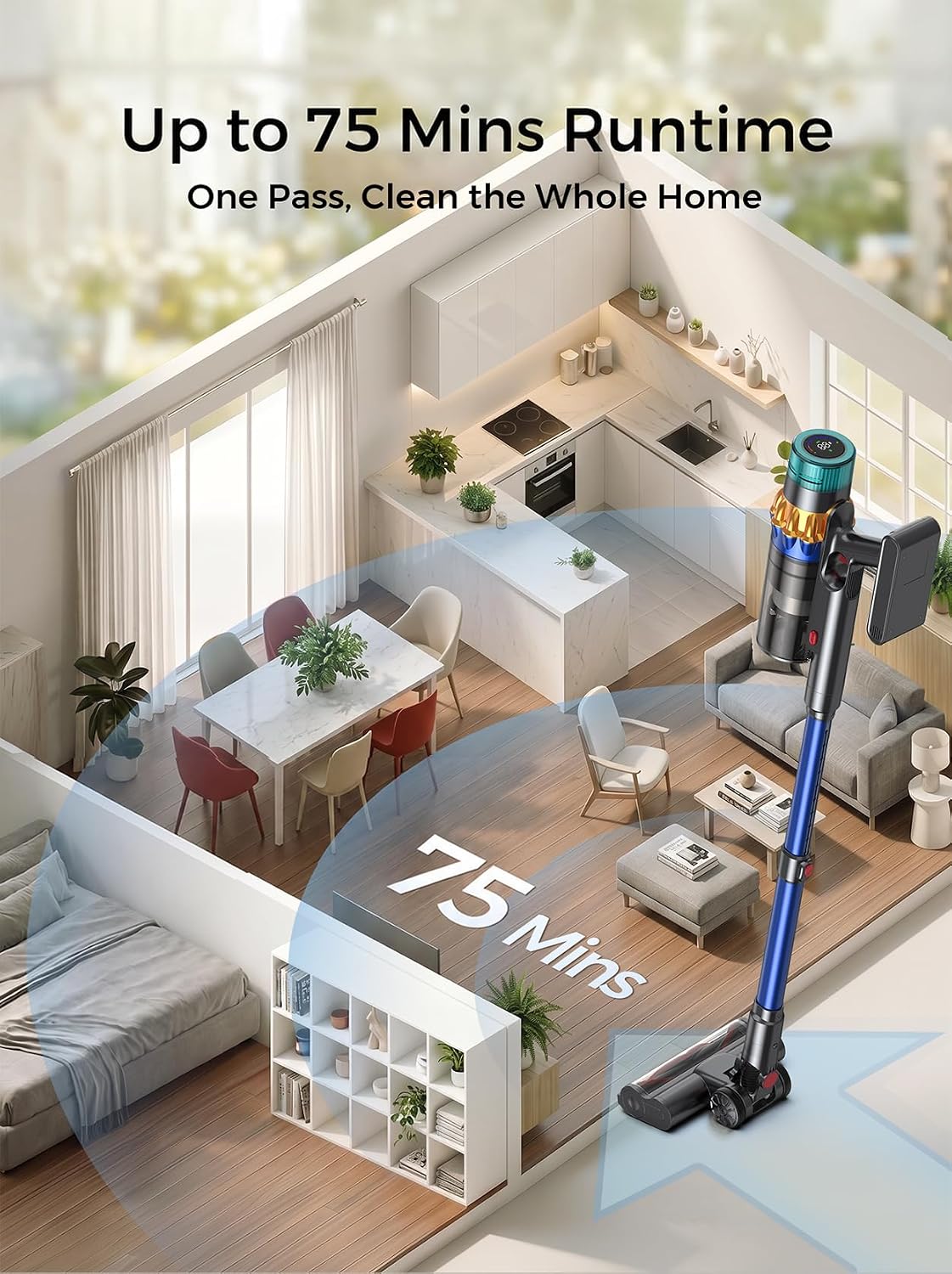 Smart Cordless Vacuum Cleaner, 650W 60KPa 75Min Vacuum Cleaner for Home