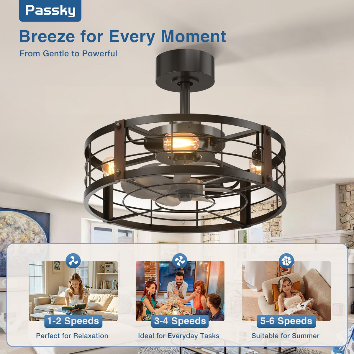 Passky 20" Caged Ceiling Fans with Lights and Remote, Low Profile Fandelier