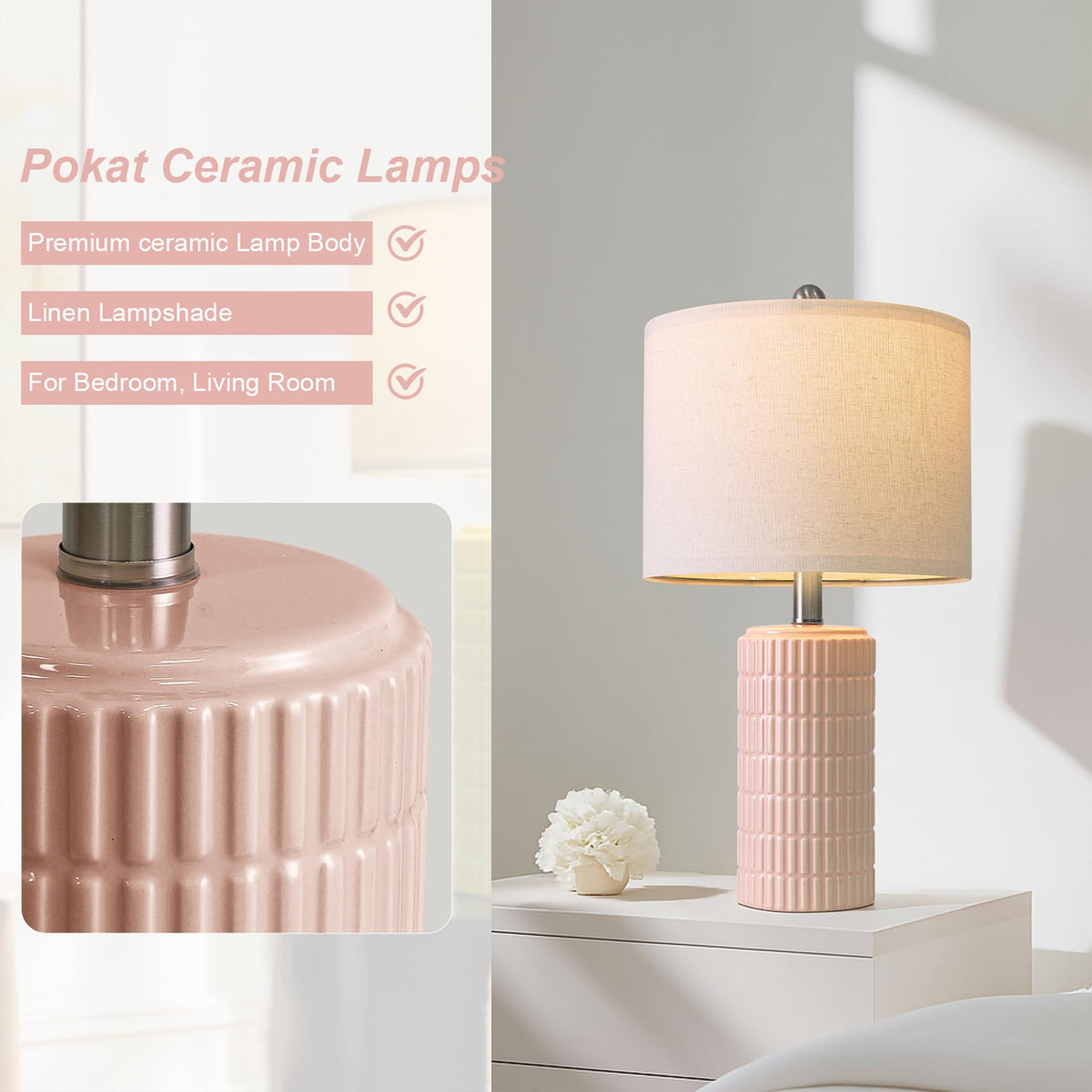 PoKat 20.75" Small Modern Ceramic Table Lamps Set of 2 for Bedroom, White