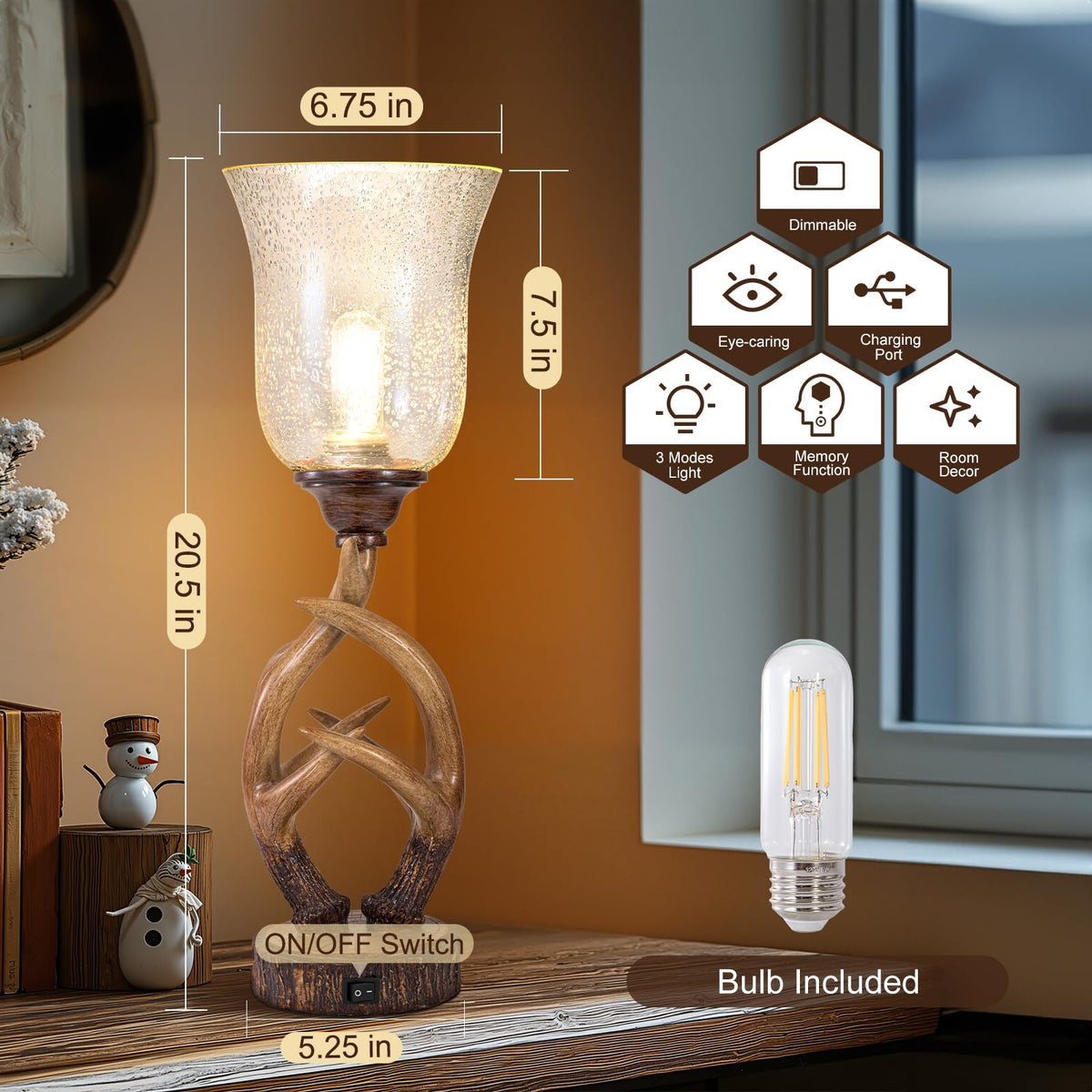 Scenekoy Deer Antler Table Lamp Set of 2 with Nightlight for Living Room