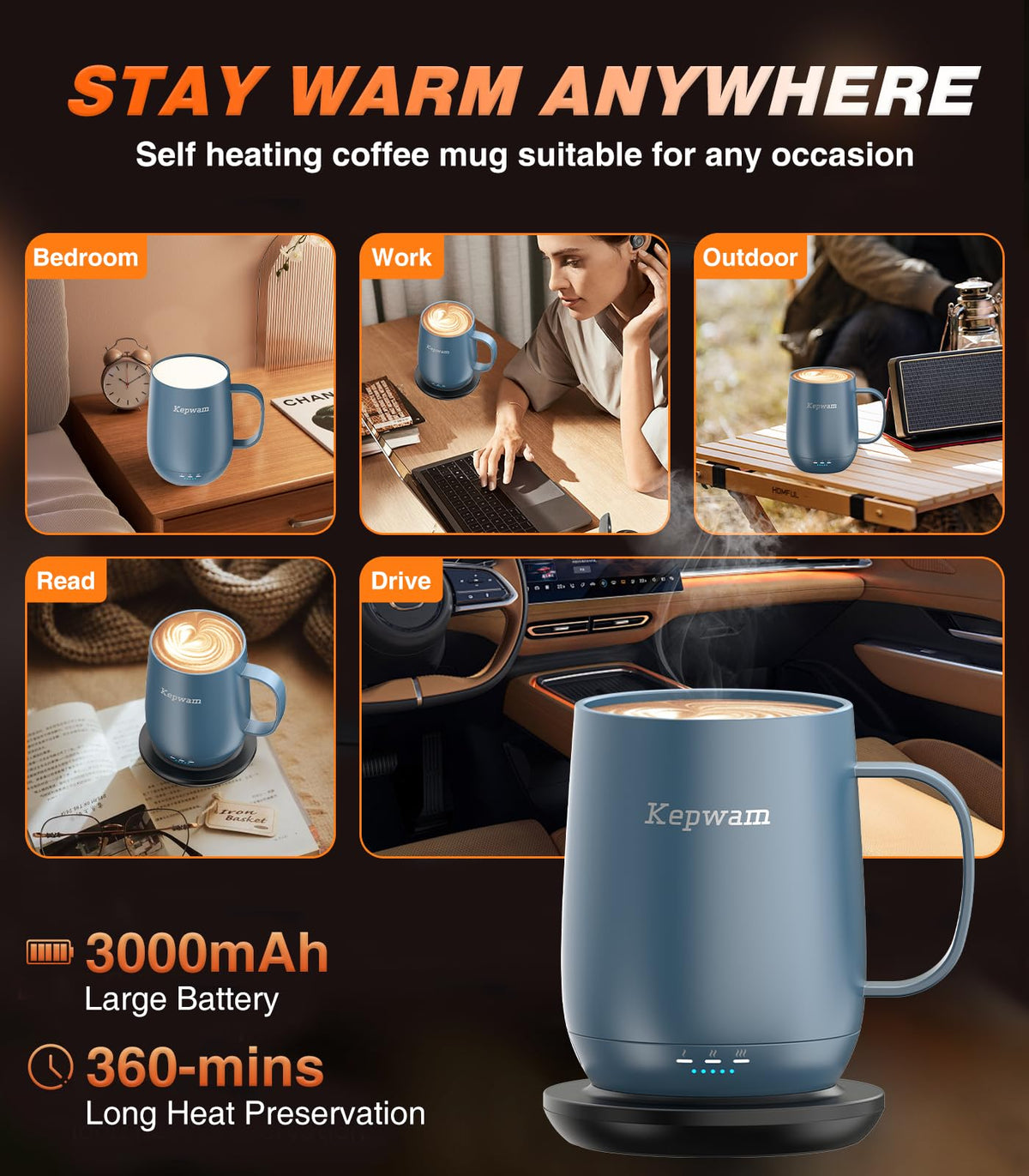 Kepwam Self-Heating Coffee Mug T2, 16oz Electric Heated Mug Hot Up to 149℉