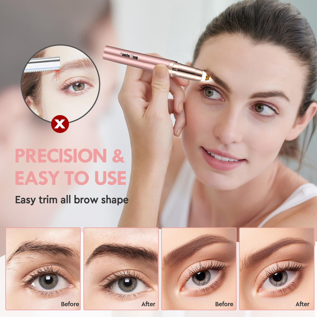 gurelax Eyebrow Hair Remover, Electric Eyebrow Trimmer for Women,Face and Eye Brow Razor with LED Light for Women Rechargeable with 2 x Replacement Heads (White)