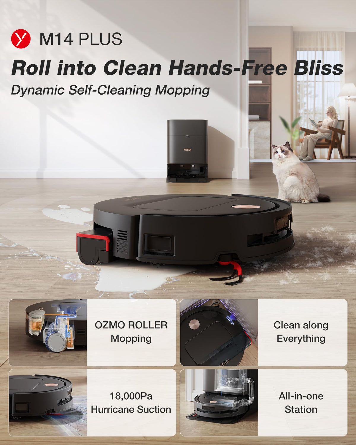 Yeedi by ECOVACS M14 Plus Robot Vacuum and Mop, OZMO Roller Mopping, White