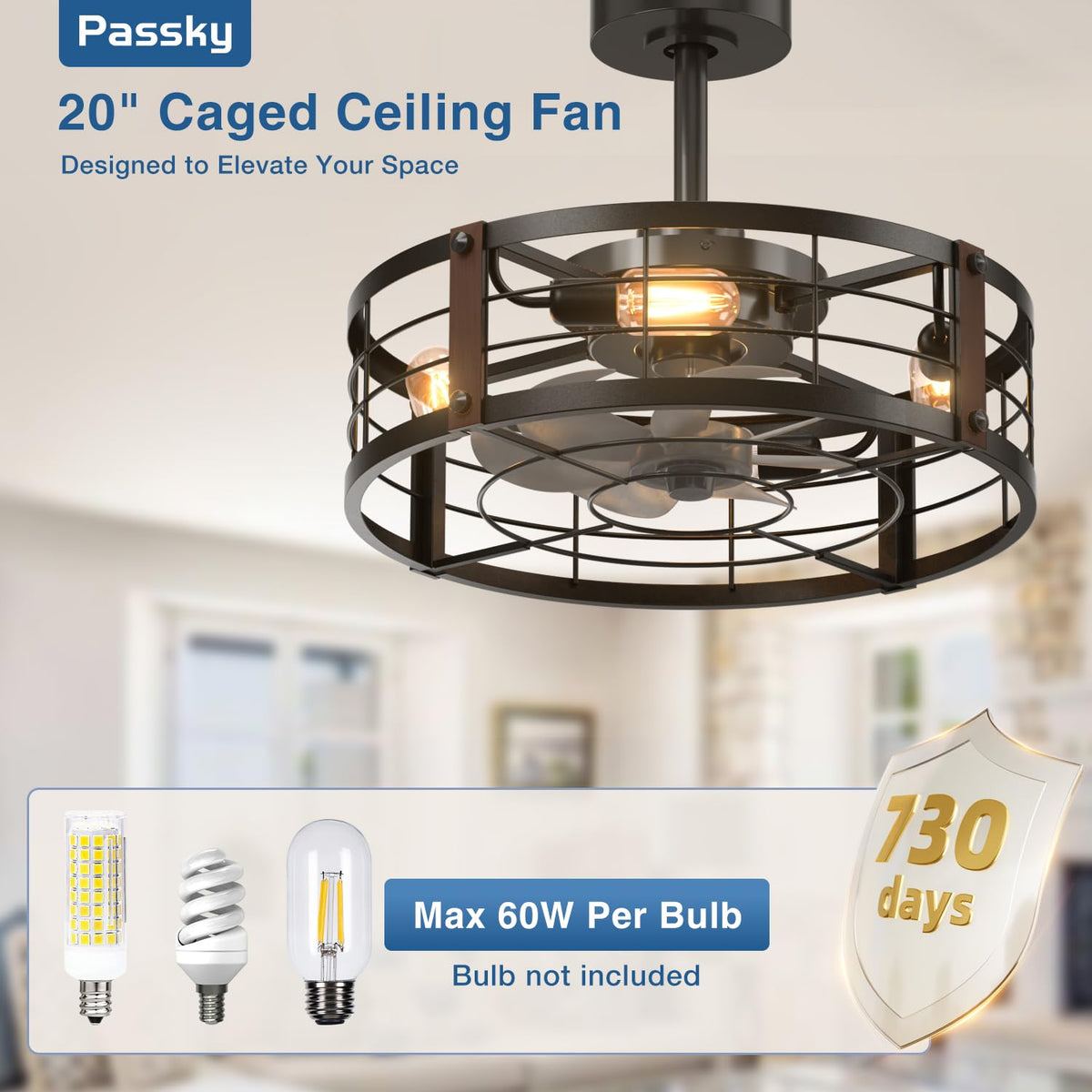 Passky 20" Caged Ceiling Fans with Lights and Remote, Low Profile Fandelier