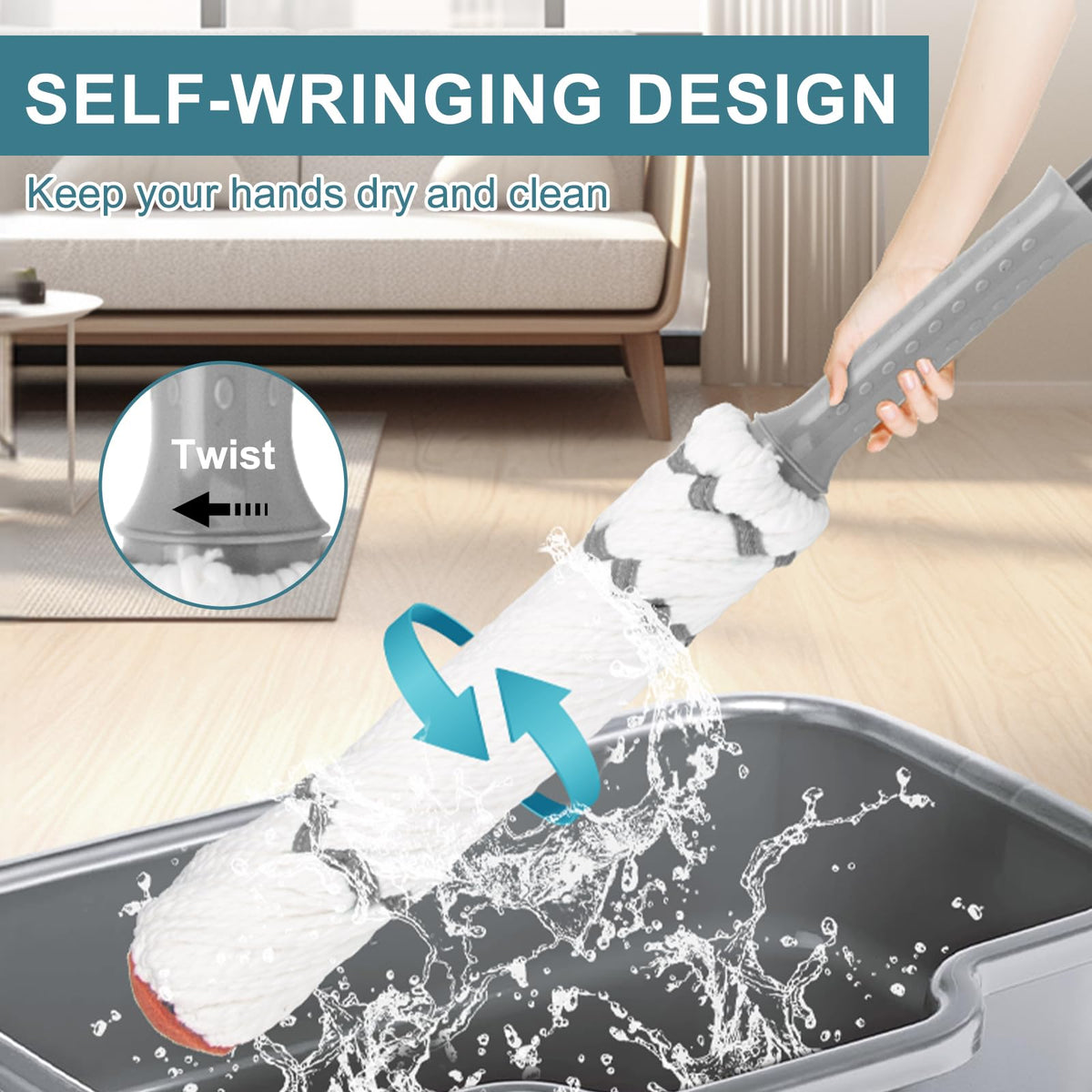 Self-Wringing Twist Mops for Floor Cleaning, Microfiber Floor mop with 57 " Long Handle, Easy Wringing Mop for Hardwood Commercial Household Clean