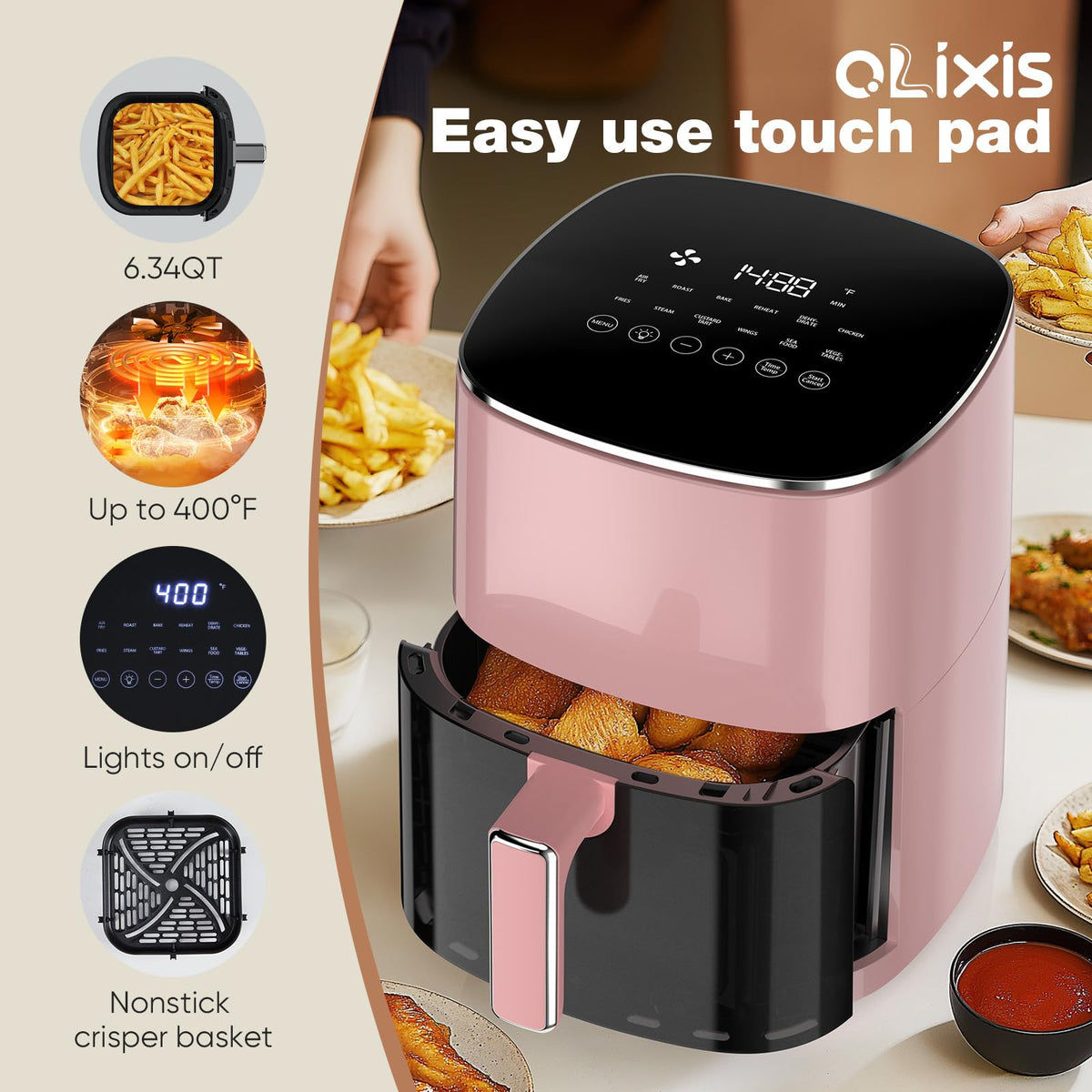 OLIXIS 12-in-1 Air Fryer 6.34 Quarts, Visable Airfryer with Window, 400°F, Roast, Reheat, Dehydrate, Bake, Steam, Fries, Custard, Chicken, Wings, Sea Food, Vegetabels, Grey