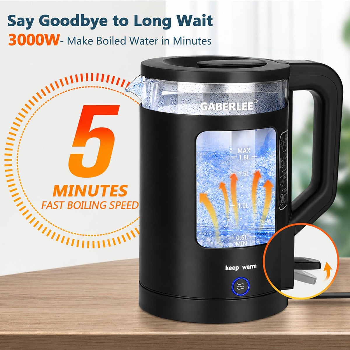 Electric Kettle, 1.8L Glass Tea Kettle with Keep Warm Function