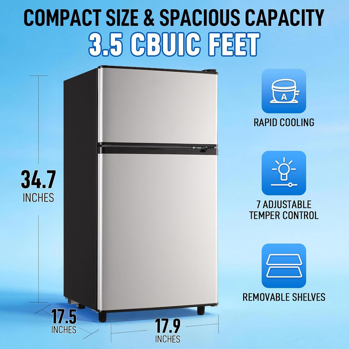 Mini Fridge with Freezer, 3.5 cubic feet 2- Doors Small Refrigerator Features 7 Gear Mechanical Control, Side Bottle Rack, Ideal for Dorm, Kitchen, Apartment, Office, Silver