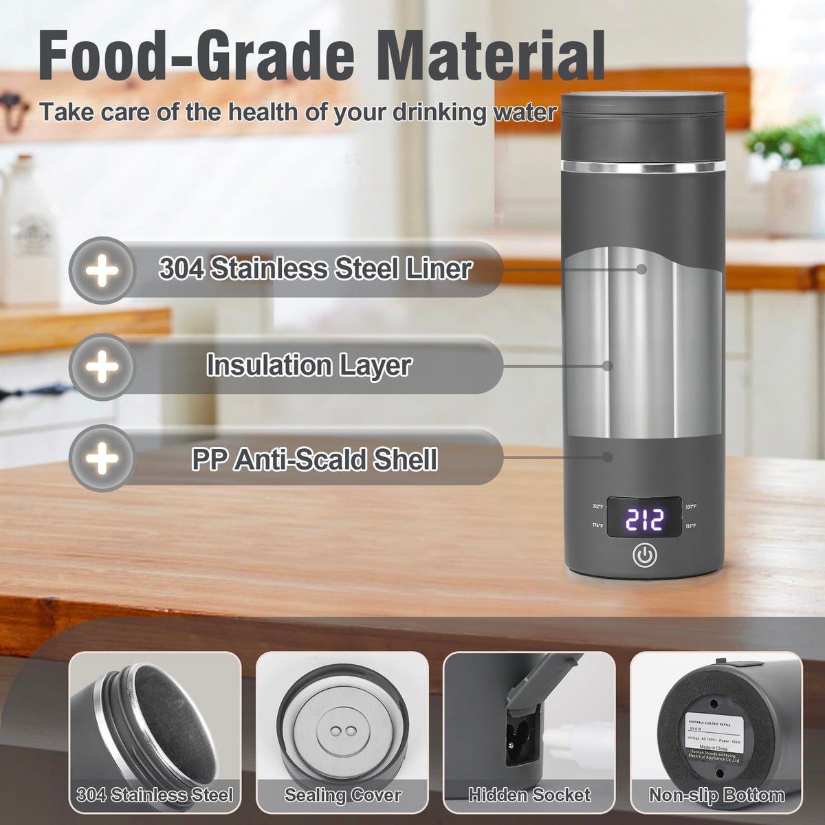 Portable Electric Kettle for Travel 120V, 13.5oz, 4 Temp Settings