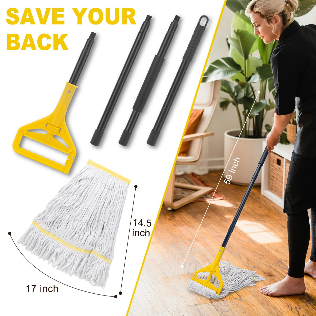 Commercial Mop with 3 Large Replacement Heads,Heavy Duty Industrial Mops
