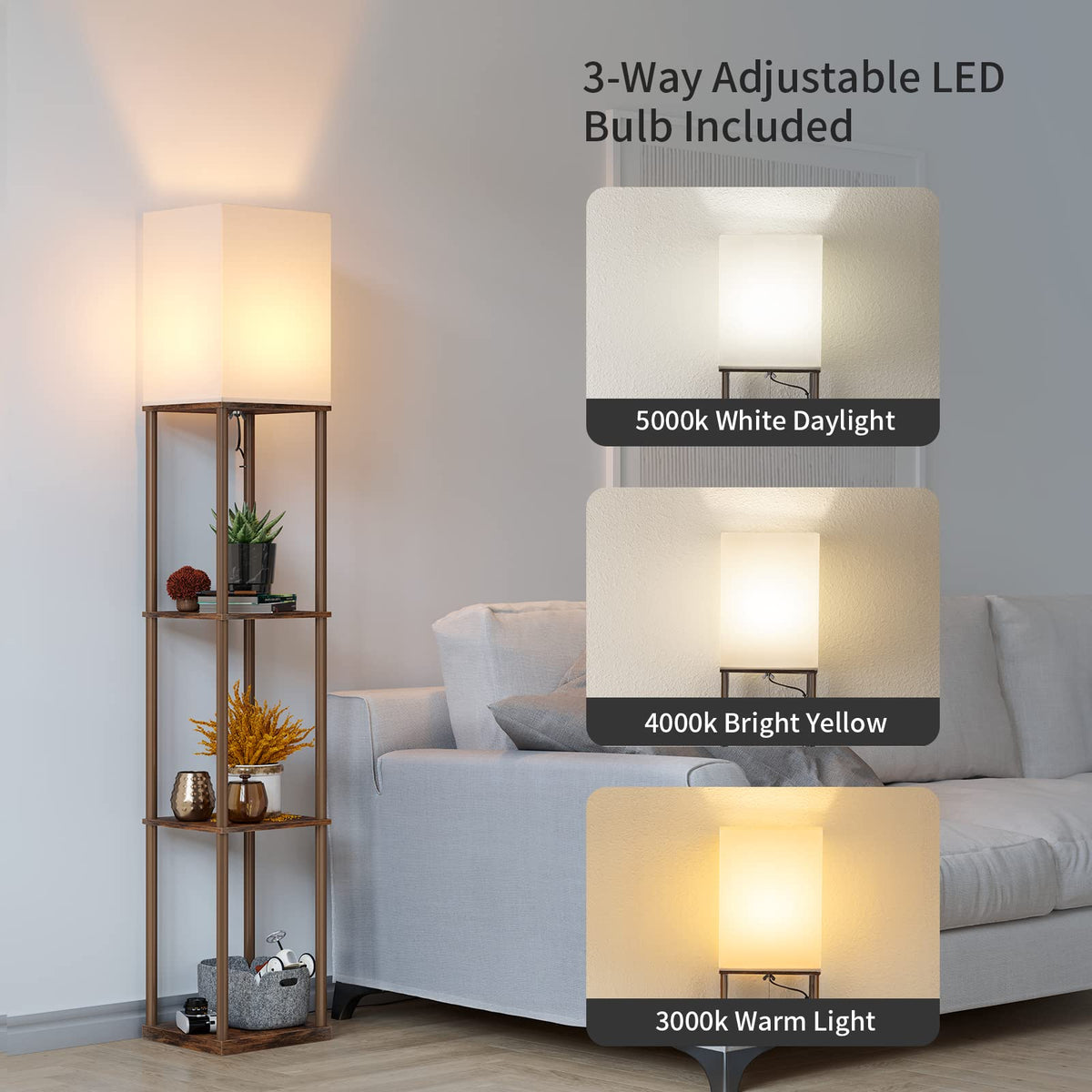 SUNMORY Floor Lamp with Shelves, Standing Lamps for Living Room, Black
