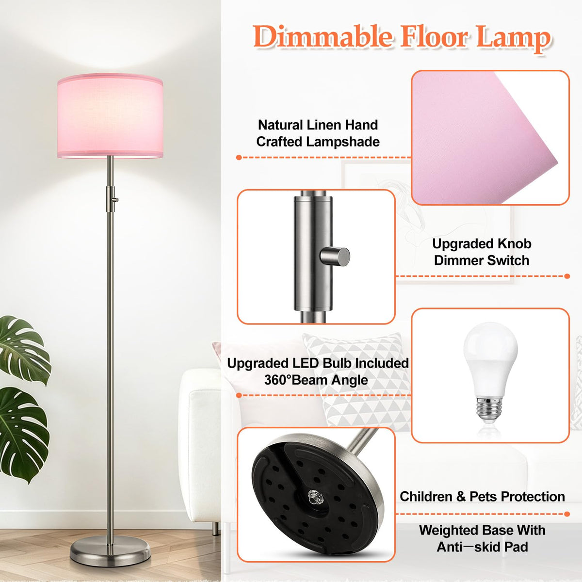 【Upgraded】 Dimmable Floor Lamp for Living Room,1000 Lumens Bulb Included, Modern Floor Lamps Simple Design with Linen Shade, Tall Standing Lamp for Bedroom Office Dining Room, Black Pole Lamp