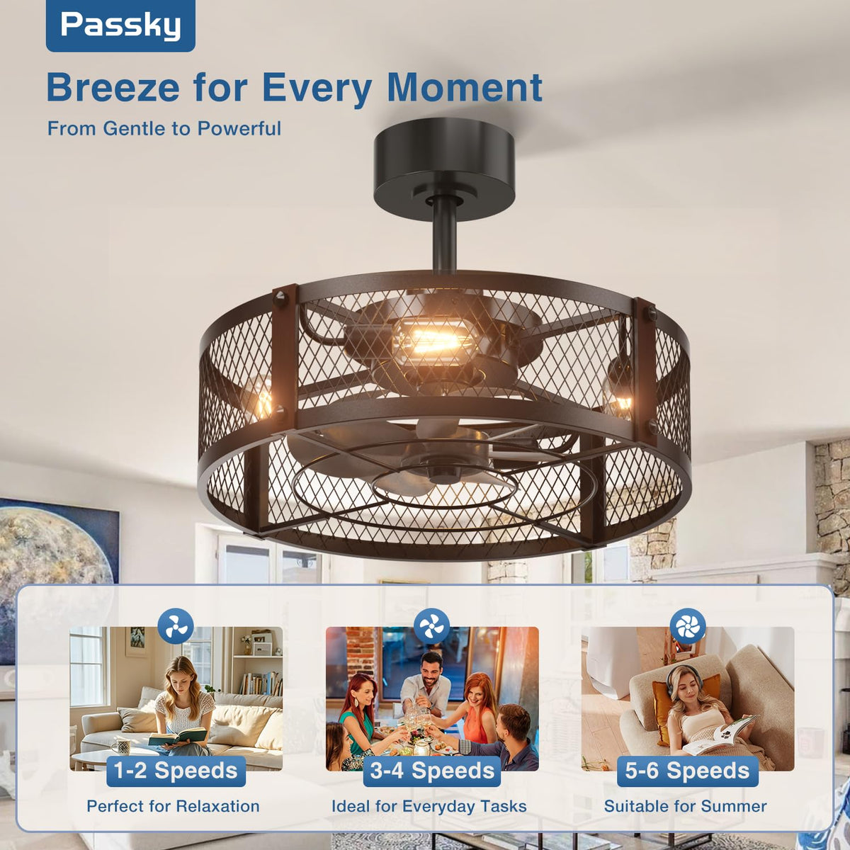Passky 20" Caged Ceiling Fans with Lights and Remote, Low Profile Fandelier