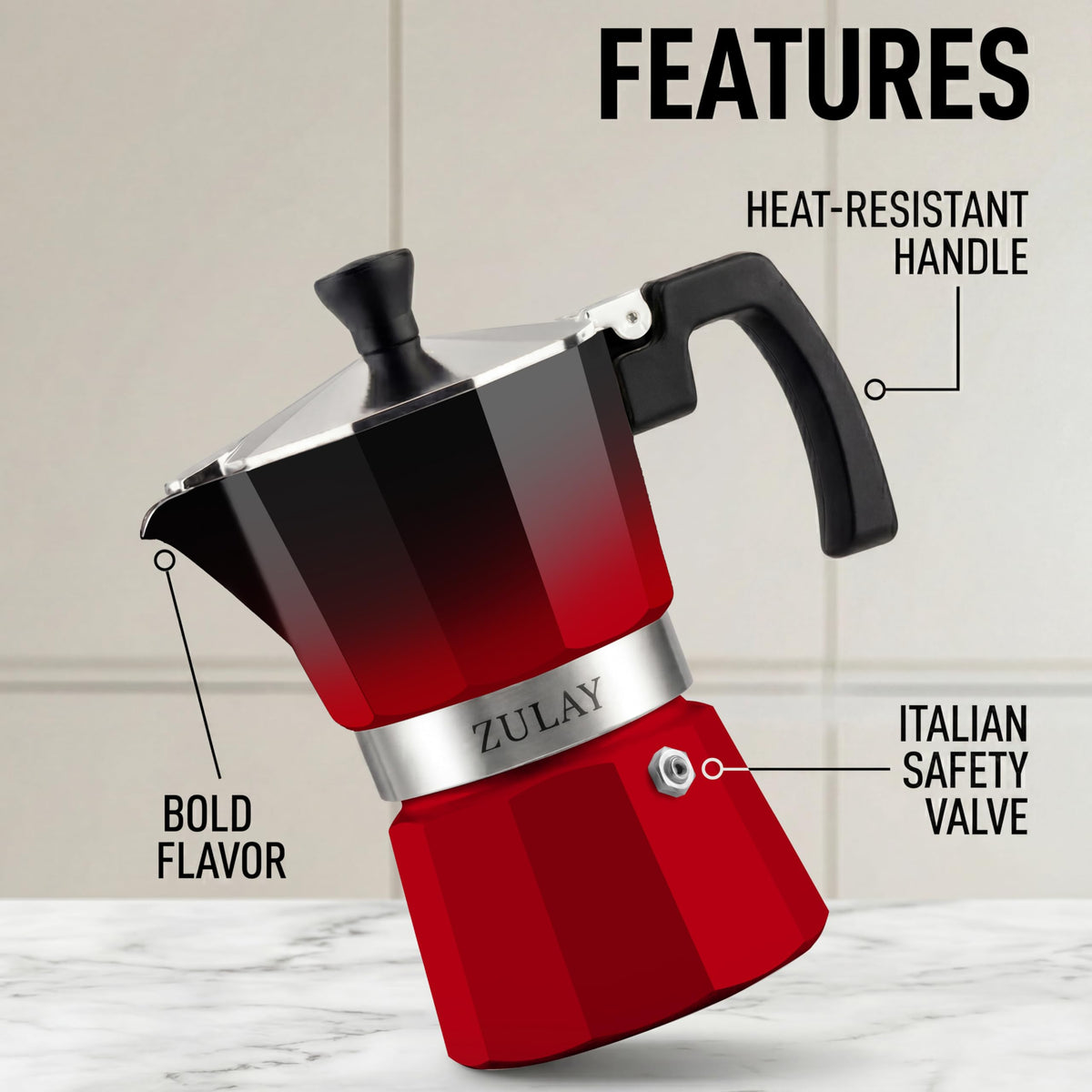 Zulay Moka Pot Espresso Stovetop Coffee Maker - Leak-Proof, Stainless Steel, Easy to Clean, Heat Resistant Handle & Knob - for Authentic Cuban & Italian Style Espresso - Makes 6 Espresso Cups - Red