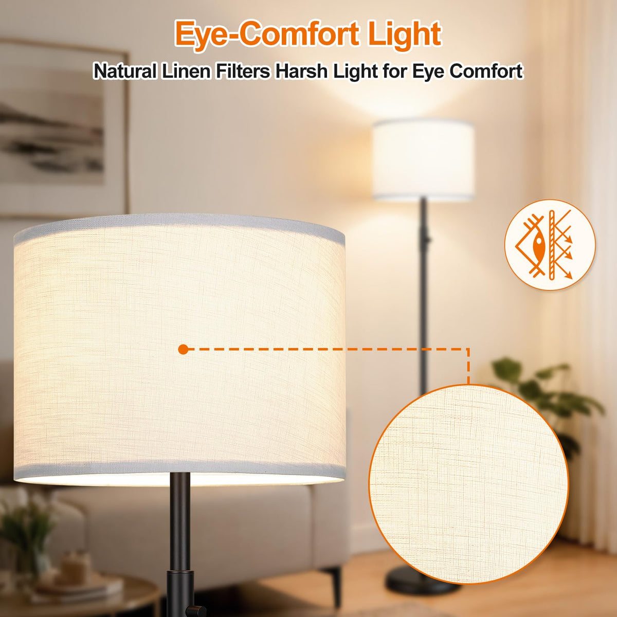 【Upgraded】 Dimmable Floor Lamp for Living Room,1000 Lumens Bulb Included, Modern Floor Lamps Simple Design with Linen Shade, Tall Standing Lamp for Bedroom Office Dining Room, Black Pole Lamp