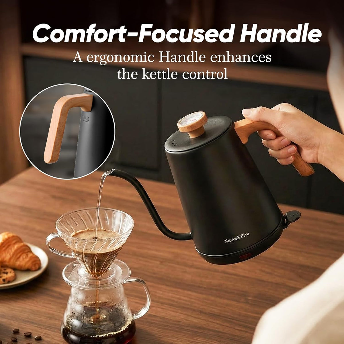 Nueve&Five Electric Gooseneck Kettle with Thermometer, 1.0L Pour Over Hot Water Kettle for Coffee and Tea, 1000W, Auto Shutoff, Boil-Dry Protection, Matte Black