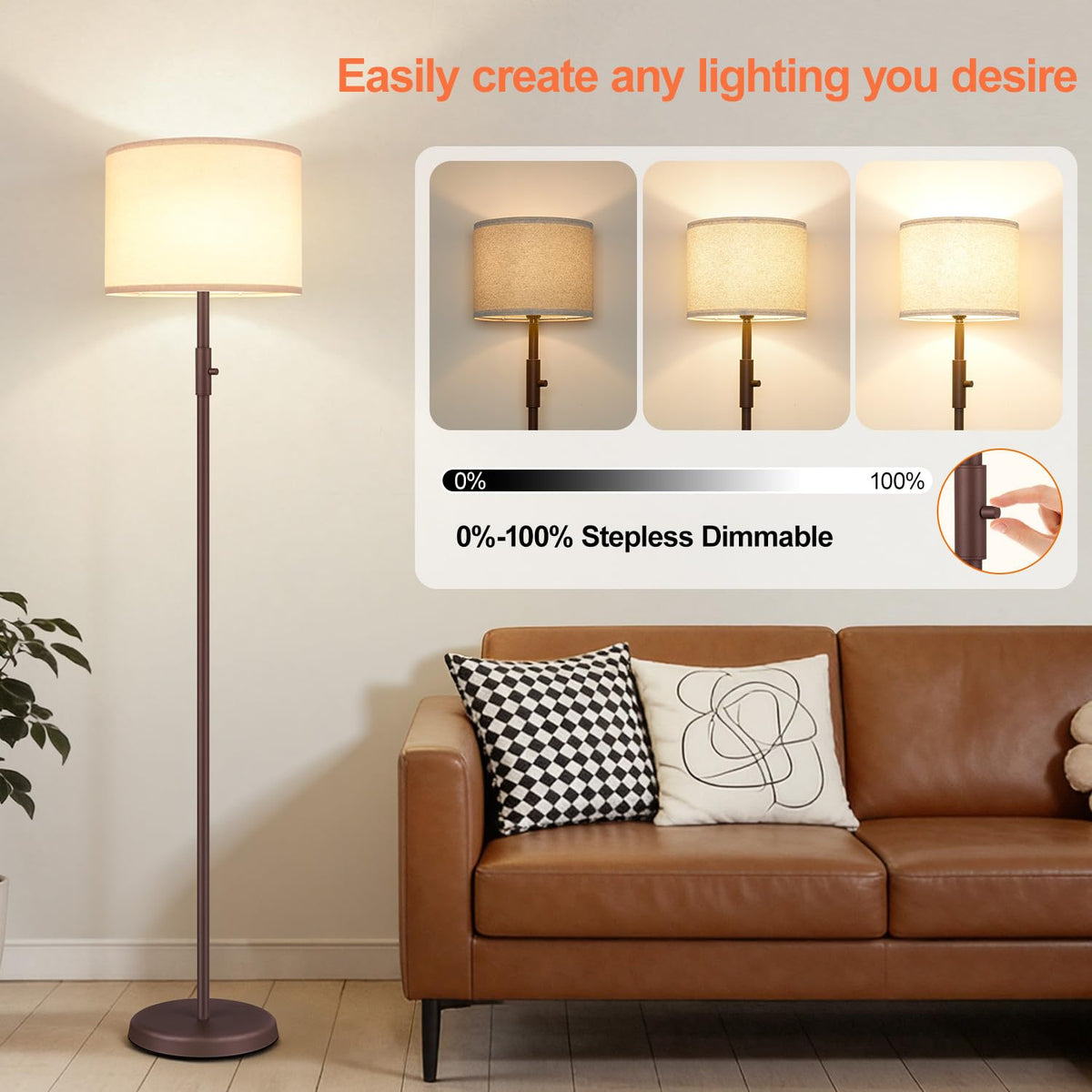 【Upgraded】 Dimmable Floor Lamp for Living Room,1000 Lumens Bulb Included, Modern Floor Lamps Simple Design with Linen Shade, Tall Standing Lamp for Bedroom Office Dining Room, Black Pole Lamp