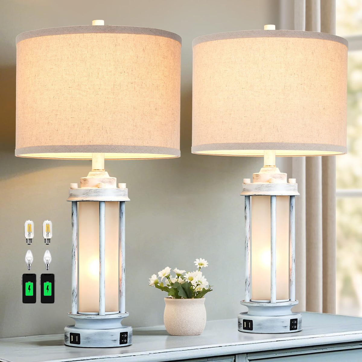 AIEAMPDO 25'' Set of 2 Farmhouse Table Lamps for Living Room with USB C+A