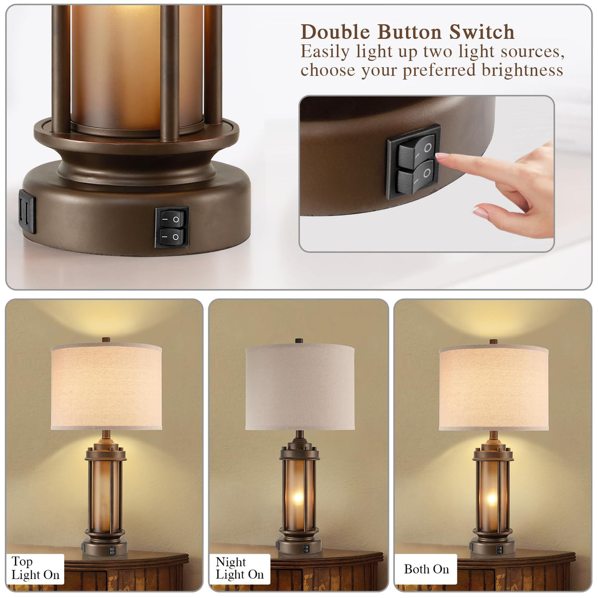 AIEAMPDO 25'' Set of 2 Farmhouse Table Lamps for Living Room with USB C+A