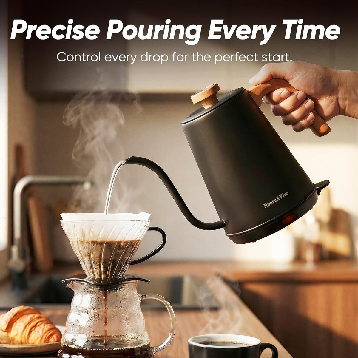 Nueve&Five Electric Gooseneck Kettle with Thermometer, 1.0L Pour Over Hot Water Kettle for Coffee and Tea, 1000W, Auto Shutoff, Boil-Dry Protection, Matte Black