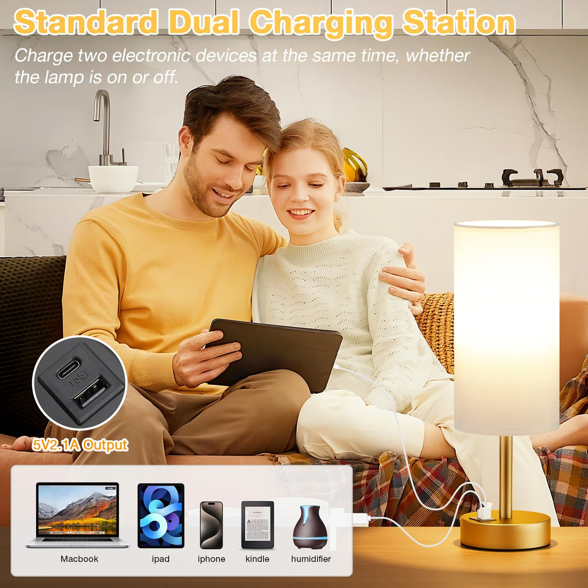 Dicoool Bedside Table Lamp for Bedroom - 3-Way Dimmable Touch Lamp, USB A+C
