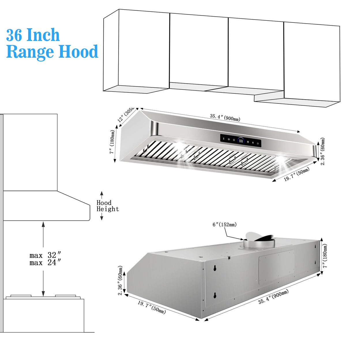 30 inch Under Cabinet Range Hood 1200 CFM Stainless Steel Vent Hoods