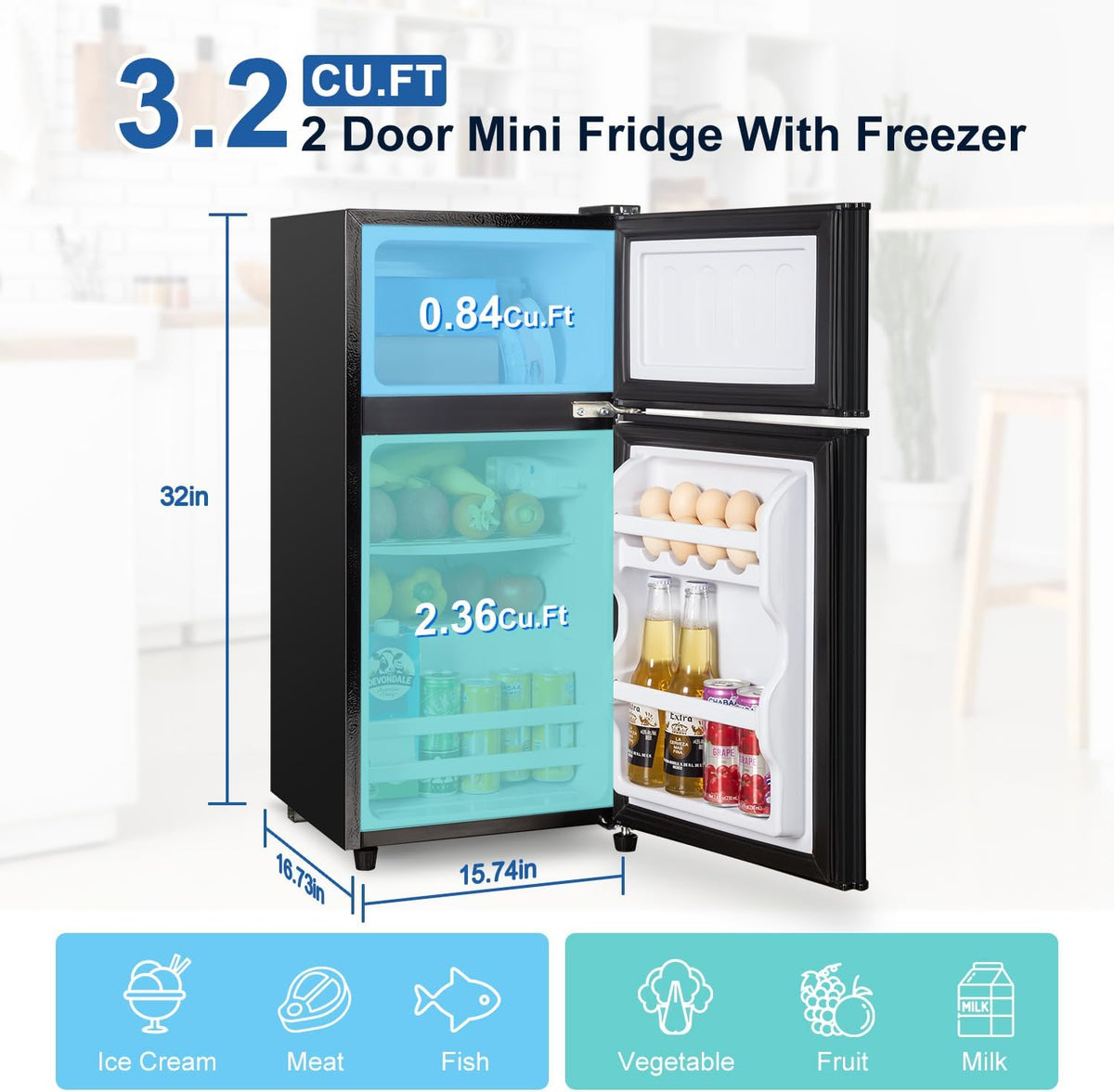 3.2 Cu.Ft Mini Fridge with Freezer, 7-Level Cooling Small Refrigerator