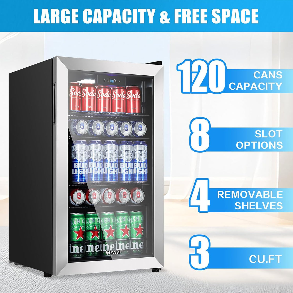 Beverage Refrigerator Cooler, 120 Can Mini Beverage Fridge with Reversible Glass Door for Soda Beer, 3 Cu.Ft Drink Fridge with Digital Temperature Control & Adjustable Shelves - Silver
