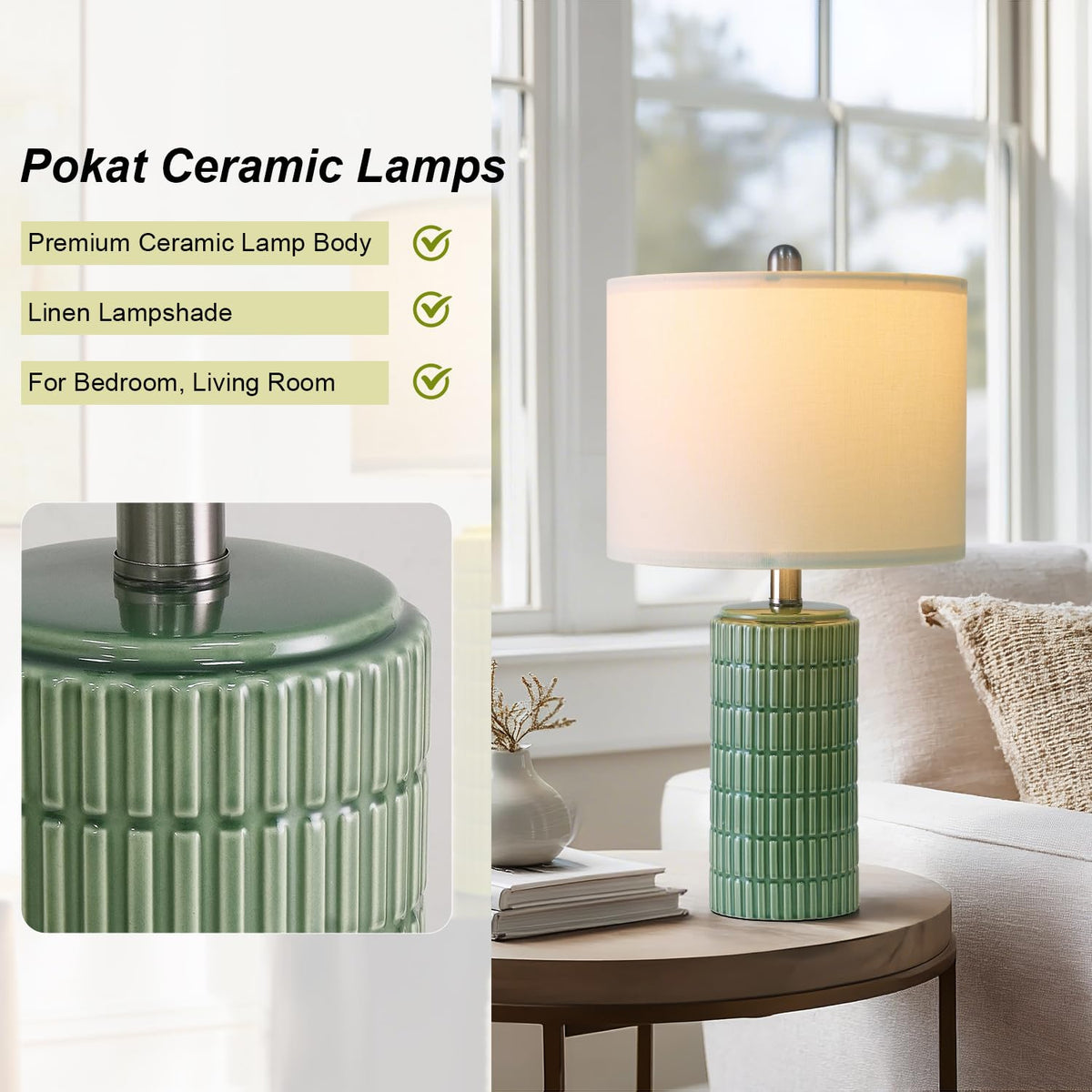 PoKat 20.75" Small Modern Ceramic Table Lamps Set of 2 for Bedroom, White